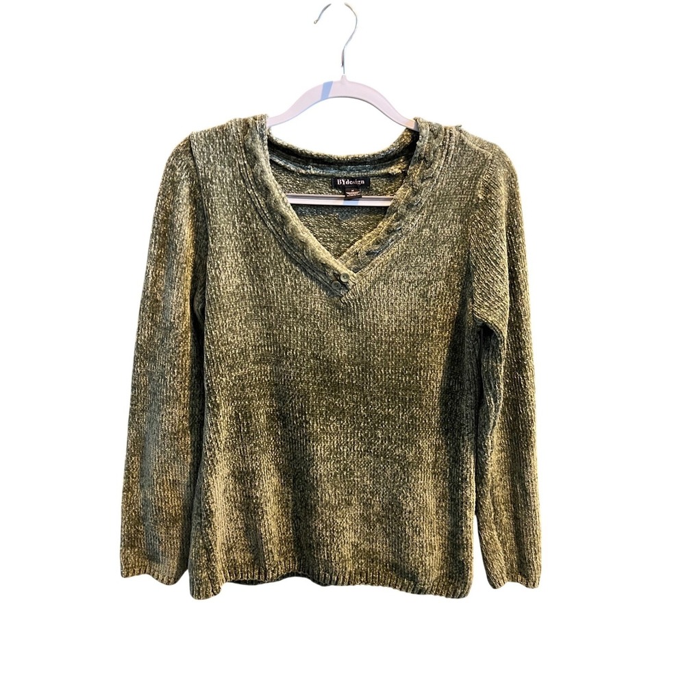 BYdesign Womens Sage Green Chenille Knit V-Neck Sweater Size Medium Long Sleeve